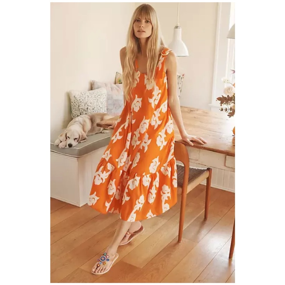 NWT Exquise Phoebe Flounced Maxi Dress Size XS Orange Ivory Anthropologie